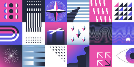 Abstract contemporary geometry. Minimalistic modern swiss pattern of primitive basic brutalism shapes, colorful trendy ornament. Vector neo geo forms setのイラスト素材