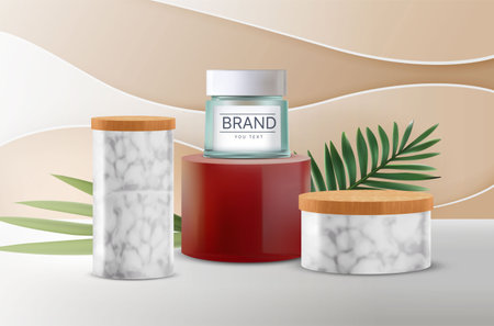 Beauty product advertising. Realistic cosmetic and skin care ad with leaves nature elements, pedestal and shadow overlay. Vector promotion illustrationのイラスト素材