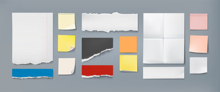 Note sheet. Realistic color notepad page with torn edges, blank office stationery sticky memo paper mockup. Vector notice sticker setのイラスト素材