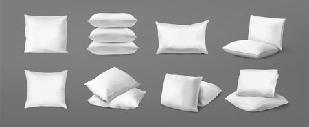 Realistic bed cushion. White bed pillows for bedroom interior, top and bottom view of cotton feather pillows, stack and piles. Vector isolated setのイラスト素材