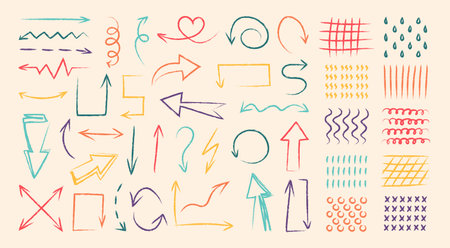 Colorful doodle arrows. Children pencil drawing of direction arrows and abstract minimalistic patterns, curly and wave orientation pointers. Vector navigationのイラスト素材