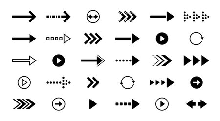 Black arrow icons. Interface back forward left right up and down direction symbols, web and application navigation collection. Vector orientation pointer and logo setのイラスト素材