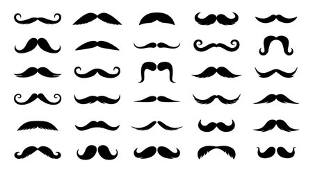 Men mustache. Black silhouette of curly facial hair, fun hipster, retro male whiskers, mustache shave and barber symbols collection. Vector isolated setのイラスト素材