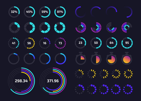Circle dashboard UI. Round progress bar and download status application interface graphic element. Vector control panel time tracker infographic setのイラスト素材
