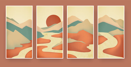 Modern abstract sunset posters. Abstract background with mountain horizon, hills and sun element, modern background with minimalistic outdoor environmeのイラスト素材