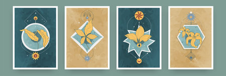 Abstract magic posters. Minimalistic geometric banners with thin line botanical elements and mystic astrology symbols. Vector vintage boho placardsのイラスト素材