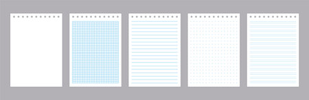 Lined note pages. Realistic notebook sketchbook and diary page with lines, grids an dots texture, school homework blank paper sheet. Vector setのイラスト素材