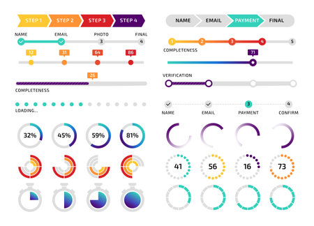Round loader and progress bar kit, app screen interface download graphic element, time tracker widget. Vector smartphone infographic setのイラスト素材