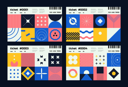 Tickets with geometric shapes. Abstract modern posters and flyers with brutalism shapes and primitive patterns, minimalistic design. Vector label setのイラスト素材