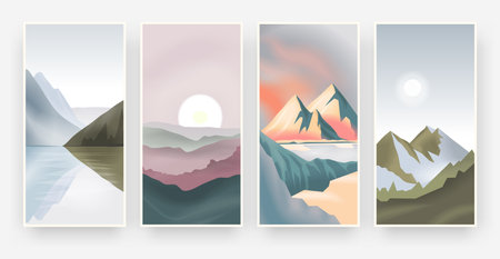 Abstract landscape posters. Modern background with mountains sunset sun and lakes, trendy vintage banners with nature graphic. Vector illustration setのイラスト素材