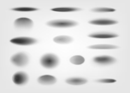 Floor shadows. Realistic circular ball gradient, bottom circle effect pack, transparent shade ellipse overlay. Vector set isolated on whiteのイラスト素材