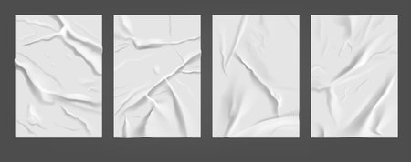 Adhesive paper. Realistic wrinkled white blank paper poster glued to wall with wet crease effect, old empty crumpled banner. Vector isolated set illustrations canvas wrinkles textures paperのイラスト素材