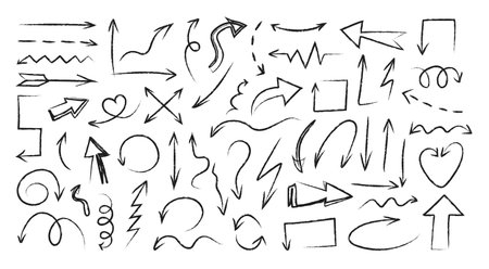 Black doodle arrows. Hand drawn cartoon curly and straight direction arrows and pencil navigation symbols, orientation pointers. Vector grunge setのイラスト素材