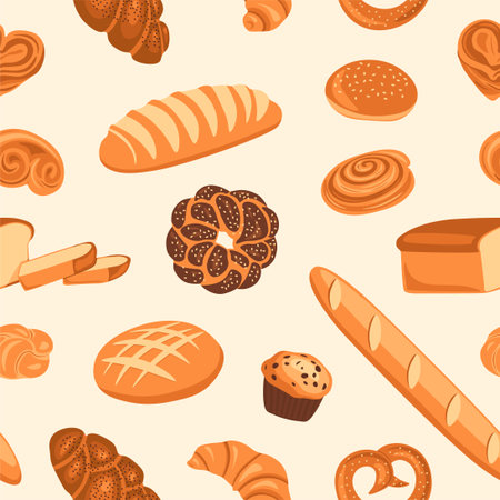 Cartoon bread pattern. Seamless print with wheat bread, pretzel, loaf, croissant donut, pancakes, cinnamon roll, French baguette. Vector textureのイラスト素材
