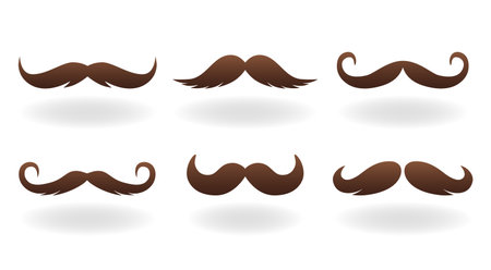 Funny moustache. Cartoon vintage facial mask element with curly moustaches and shaved beard, fake mouth mask. Vector barbershop and hairstyle setのイラスト素材