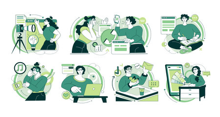 Content marketing. Trendy characters create and upload content on social network sites, media and advertising creation. Vector digital marketing setのイラスト素材