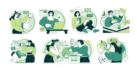 Social media interaction. Trendy characters clicking like buttons, uploading photos podcasts and video, watching advertising. Vector public commerce promotion setのイラスト素材