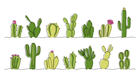 Continuous line succulent. One line collection of doodle interior decoration exotic plants in pots, exotic Mexican wester desert botanical collection. Vector setのイラスト素材