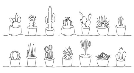 Line cactus in pots. Continuous line botanical home decoration exotic plants, Mexican desert succulent flowerpot. Vector one line setのイラスト素材