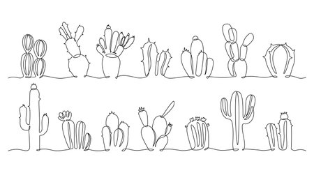 One line cactus. Continuous line doodle Mexican desert plant, hand drawn succulent and cactus exotic botanical collection. Vector graphic setのイラスト素材