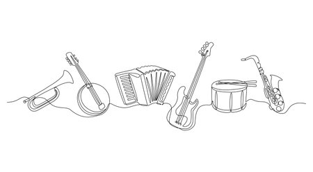 Continuous line musical instruments. Outline jazz and orchestral minimalist instruments, drums guitar violin saxophone trumpet horn. Vector one lineのイラスト素材