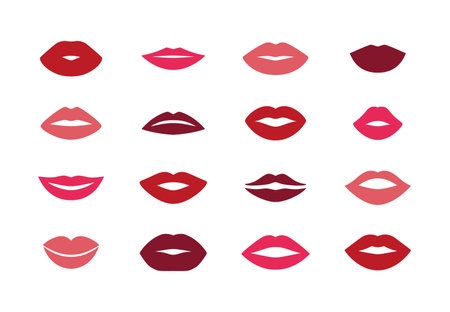 Girl s lips set. Woman red mouth silhouette symbols, female lipstick kiss love symbol. Vector isolated setのイラスト素材