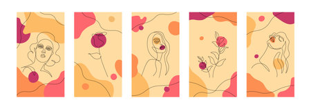 Abstract woman stories. Line woman face fashion banner, social media stories cover contemporary design. Vector setのイラスト素材