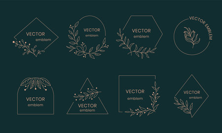 Leaf monogram. Hand drawn ornamental leaf frame, modern floral art emblem. Vector organic spa conceptのイラスト素材