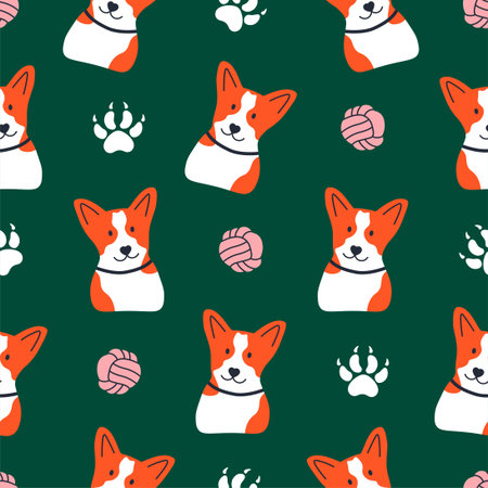 Dog doodle pattern. Seamless print with shiba inu dog, toy and footprint, cute cartoon vector textureのイラスト素材
