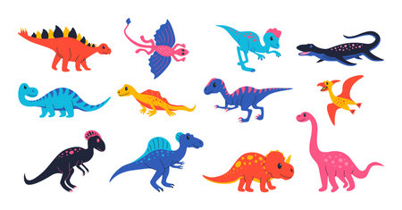 Cute dinosaurs. Doodle colourful prehistoric reptiles for kid illustration, ancient Jurassic predators and herbivores. Vector funny dinosaurs setのイラスト素材