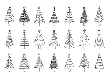 Outline Christmas tree. Winter holidays fir symbol for New year greeting cards and party invitation. Vector line spruce isolated setのイラスト素材