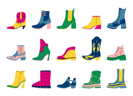 Women shoes. Cartoon colourful trendy female luxury and everyday carry boots, trendy doodle graphic template. Vector setのイラスト素材