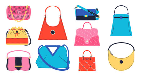 Women purse. Trendy cartoon female luxury and everyday accessories, fashion hobo and clutch doodle graphic template. Vector setのイラスト素材