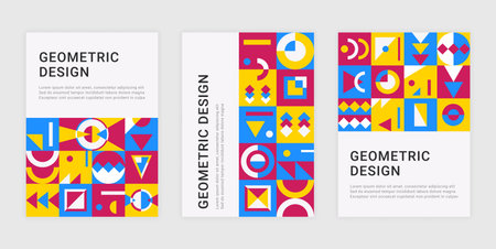 Contemporary geometric posters. Abstract memphis banners with minimalistic brutalism shapes. Vector bauhaus placard setのイラスト素材