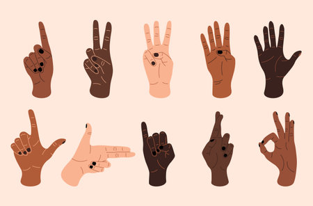 Female hands. Contemporary women hands showing various gestures, diverse skin colors and tones. Vector gestures showing numbers setのイラスト素材