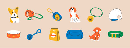 Cartoon dogs and equipment. Cute doodle shiba inu, dachshund and beagle home pets with supplies, toys, bed, bowl, food and leash. Vector setのイラスト素材