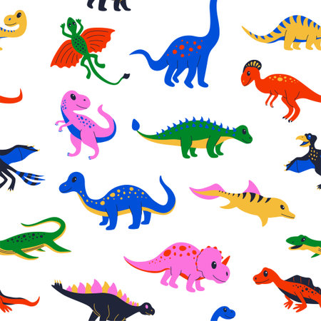 Dinosaur pattern. Seamless print with cute colourful prehistoric reptiles for kid illustration. Vector funny Jurassic lizard textureのイラスト素材