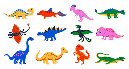 Cartoon dinosaurs. Cute doodle Jurassic lizard, colourful prehistoric reptiles. Vector ancient predators and herbivores. Vector isolated setのイラスト素材