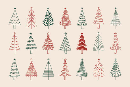 Line New year tree. Outline Christmas spruce symbol for greeting postcards and winter holidays celebration posters. Vector doodle fir collectionのイラスト素材
