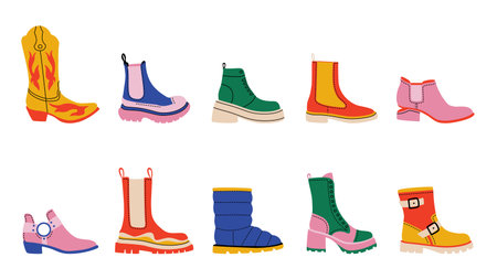 Cartoon shoes. Simple trendy male and female colourful boots, contemporary graphic template of footwear. Vector isolated setのイラスト素材
