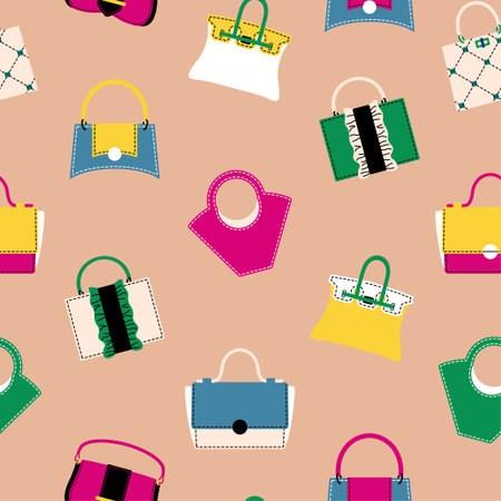 Women purse pattern. Seamless texture with trendy luxury female everyday carry accessories. Vector print with handbag, clutch and hoboのイラスト素材