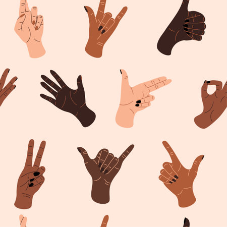 Doodle hands pattern. Seamless texture with various divers male and female hands showing different gestures. Vector contemporary printのイラスト素材