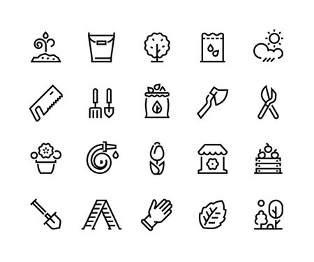 Gardening line icons. Outline plant, tree seed packing saw flowerpot shovel gloves garden pictograms. Vector editable line stroke setのイラスト素材