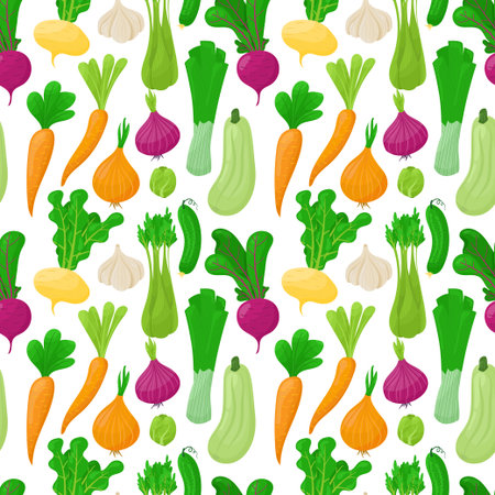 Vegetable pattern. Seamless print of cartoon zucchini onion celery carrot garlic cucumber. Vector texture of vegan foodのイラスト素材