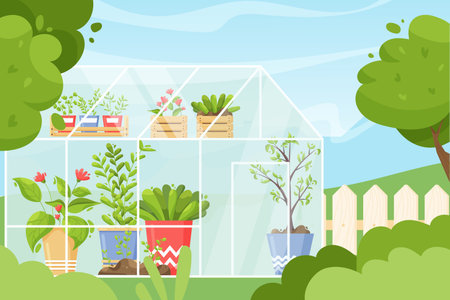 Greenhouse background. Cartoon green spring garden with glass house and pots with plants and flowers, garden work concept. Vector illustrationのイラスト素材