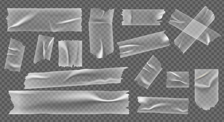 Transparent sticky tape. Realistic clear plastic adhesive tape, sticky foil strip with folds and crease. Vector crumpled bandage setのイラスト素材