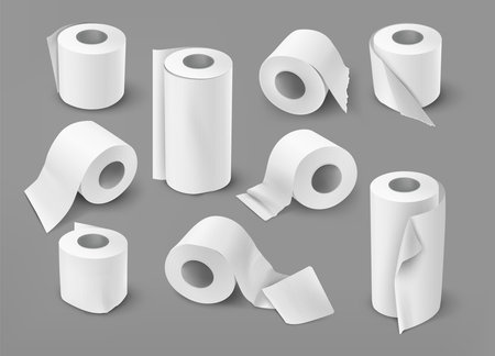 Realistic toilet paper. kitchen paper towel cylinder, white isolated scroll , hygiene spool sheet, office print paper roll. Vector setのイラスト素材