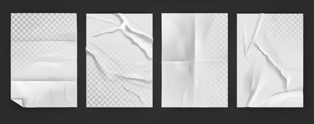 Wet paper. Realistic glued and wrinkled paper on transparent background, glued poster with crease effect. Vector blank outdoor urban bannerのイラスト素材