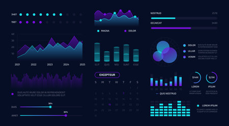Web interface graphs and charts kit for financial software, business performance data report, modern admin panel application design. Vector presentationのイラスト素材