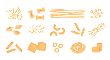 Cartoon pasta. Different types of Italian wheat noodles, spaghetti for restaurant menu. Vector setのイラスト素材